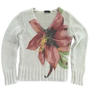 Oui Women's Cream Floral Print Cotton Blend V-Neckline Pullover Sweater Size 38